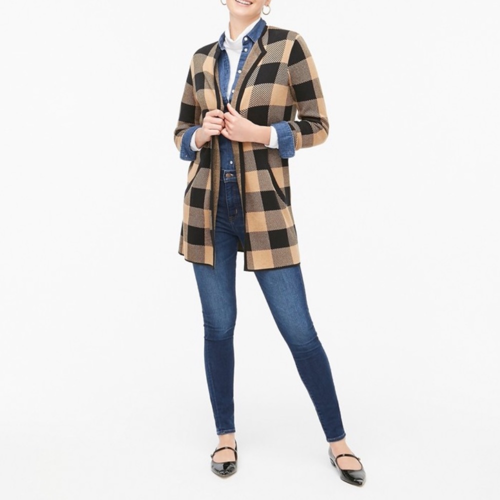 J. Crew Sweater Jacket Buffalo Check Tan & Black